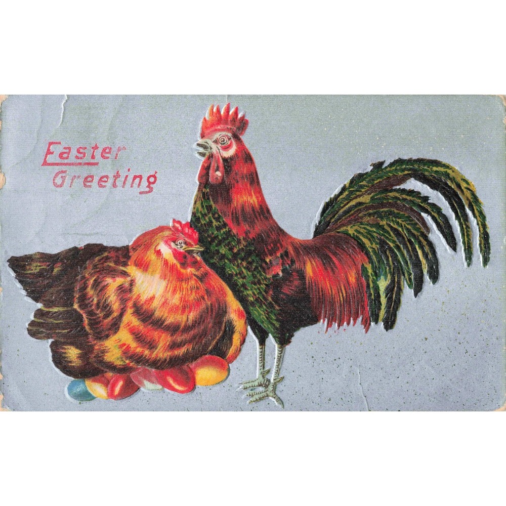 Easter Postcard Embossed Rooster Hen Nest of Eggs Bangor PA c1910 Antique